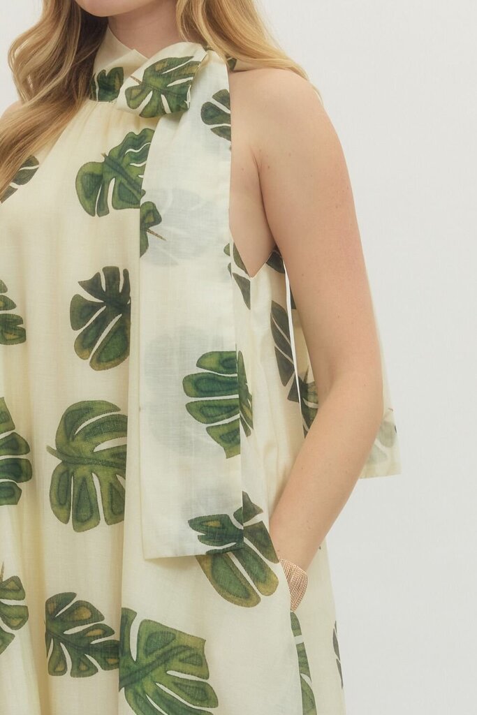 Halter Neck Palm Leaf Midi Dress