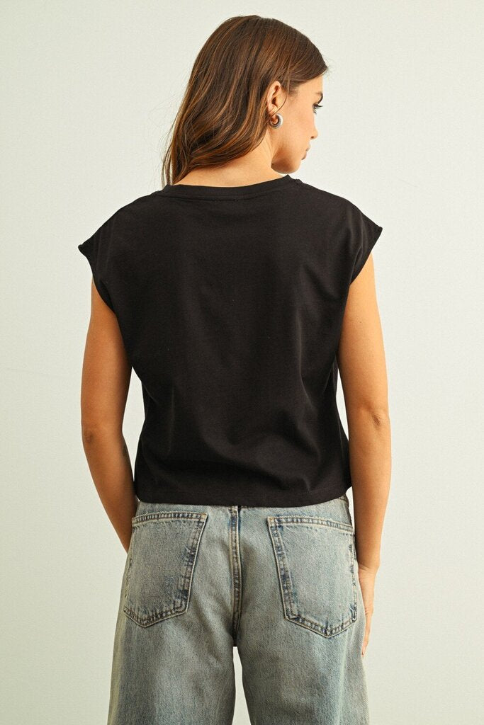 Pinched Round Neck Cap Sleeve Top