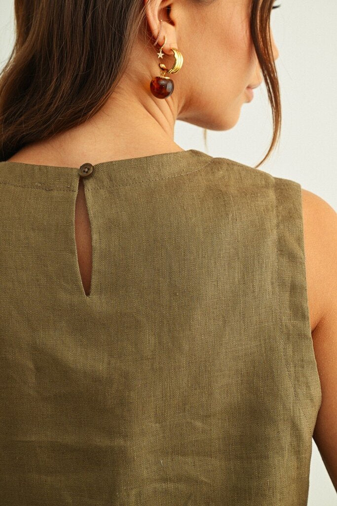 Linen Stitched Trim Crop Top