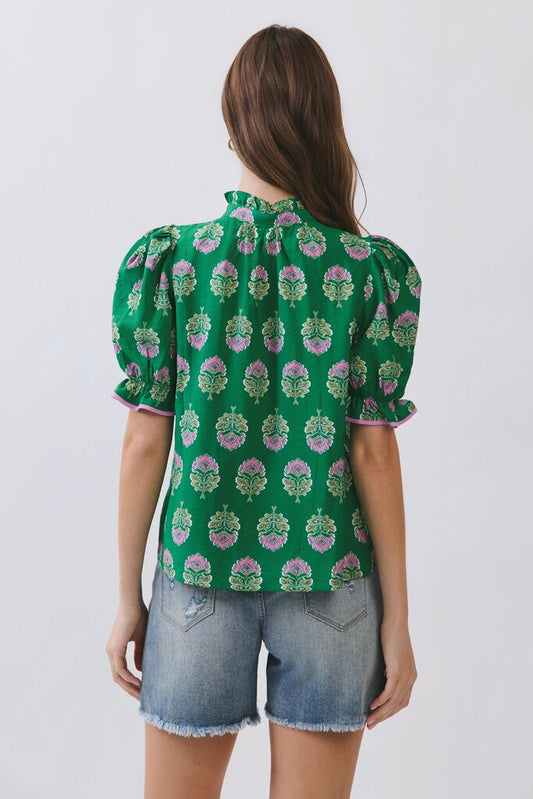 Floral Block Print Ruffle Neck Top