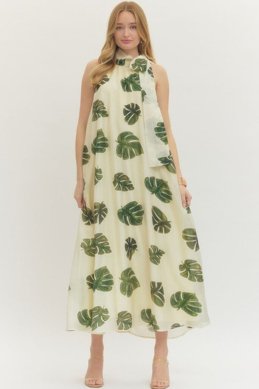 Halter Neck Palm Leaf Midi Dress