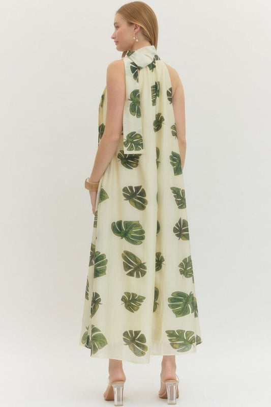 Halter Neck Palm Leaf Midi Dress