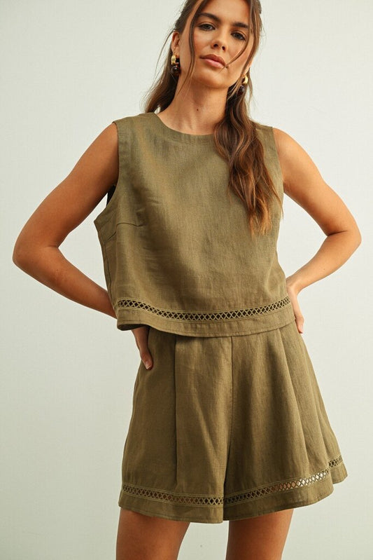 Linen Stitched Trim Crop Top