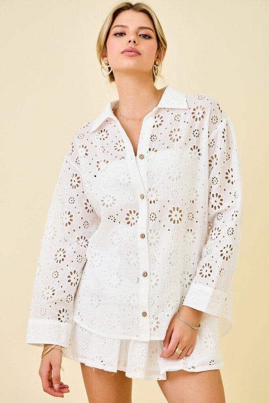 Eyelet Floral Embroidered Button Down Top