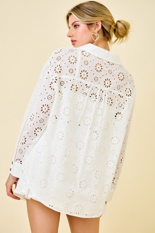Eyelet Floral Embroidered Button Down Top