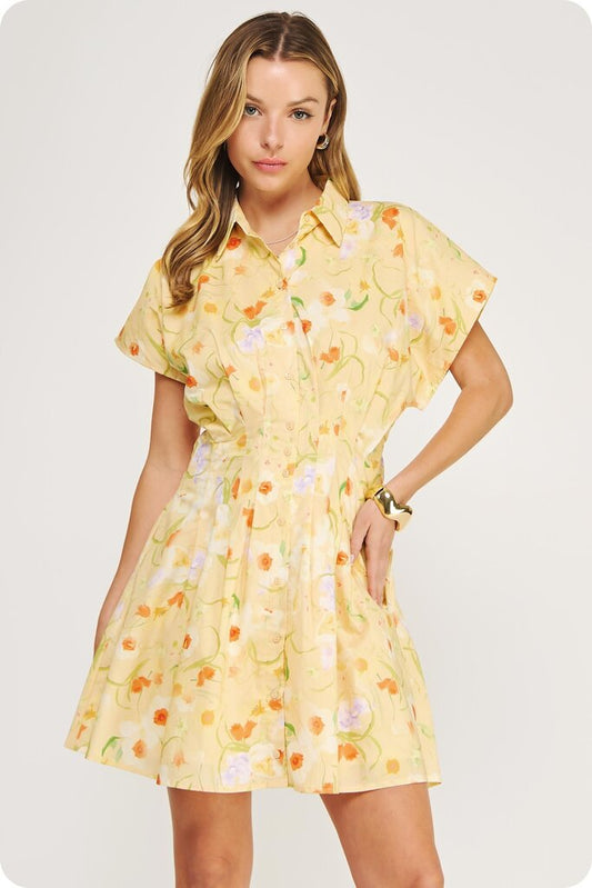 Pleated Floral Mini Dress