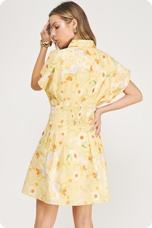 Pleated Floral Mini Dress