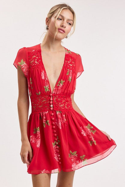 Lace V Neck Mini Dress