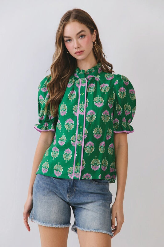 Floral Block Print Ruffle Neck Top