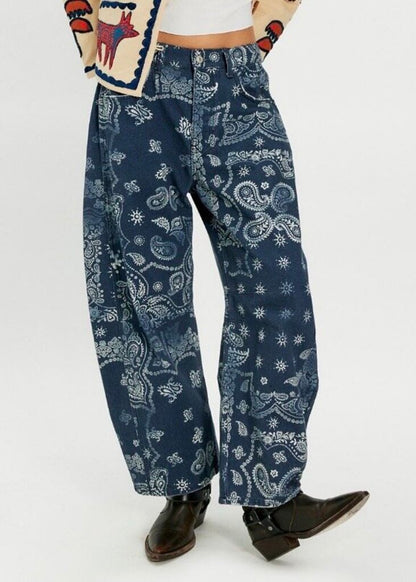FP Mid Rise Printed Barrel Jeans