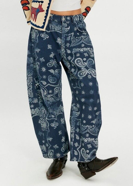 FP Mid Rise Printed Barrel Jeans