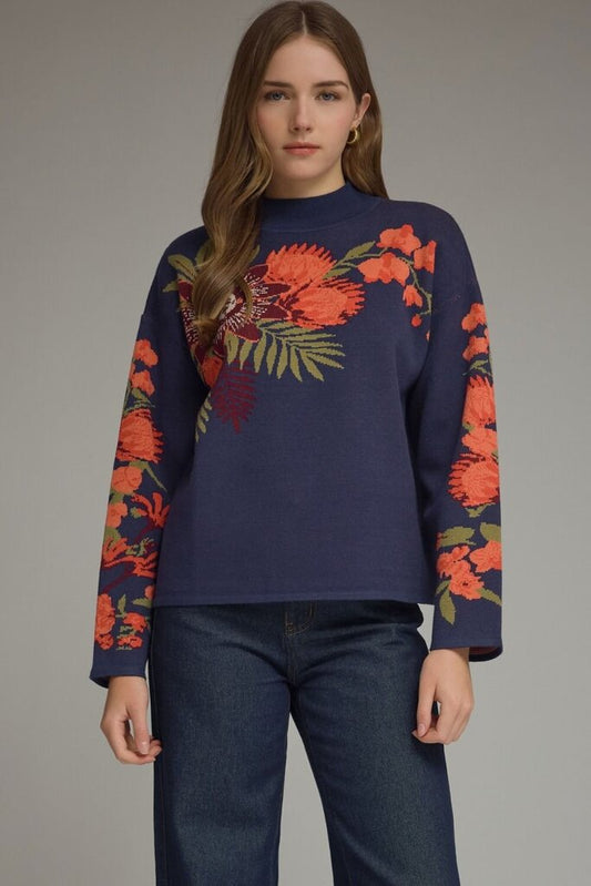 Floral High Neck Sweater